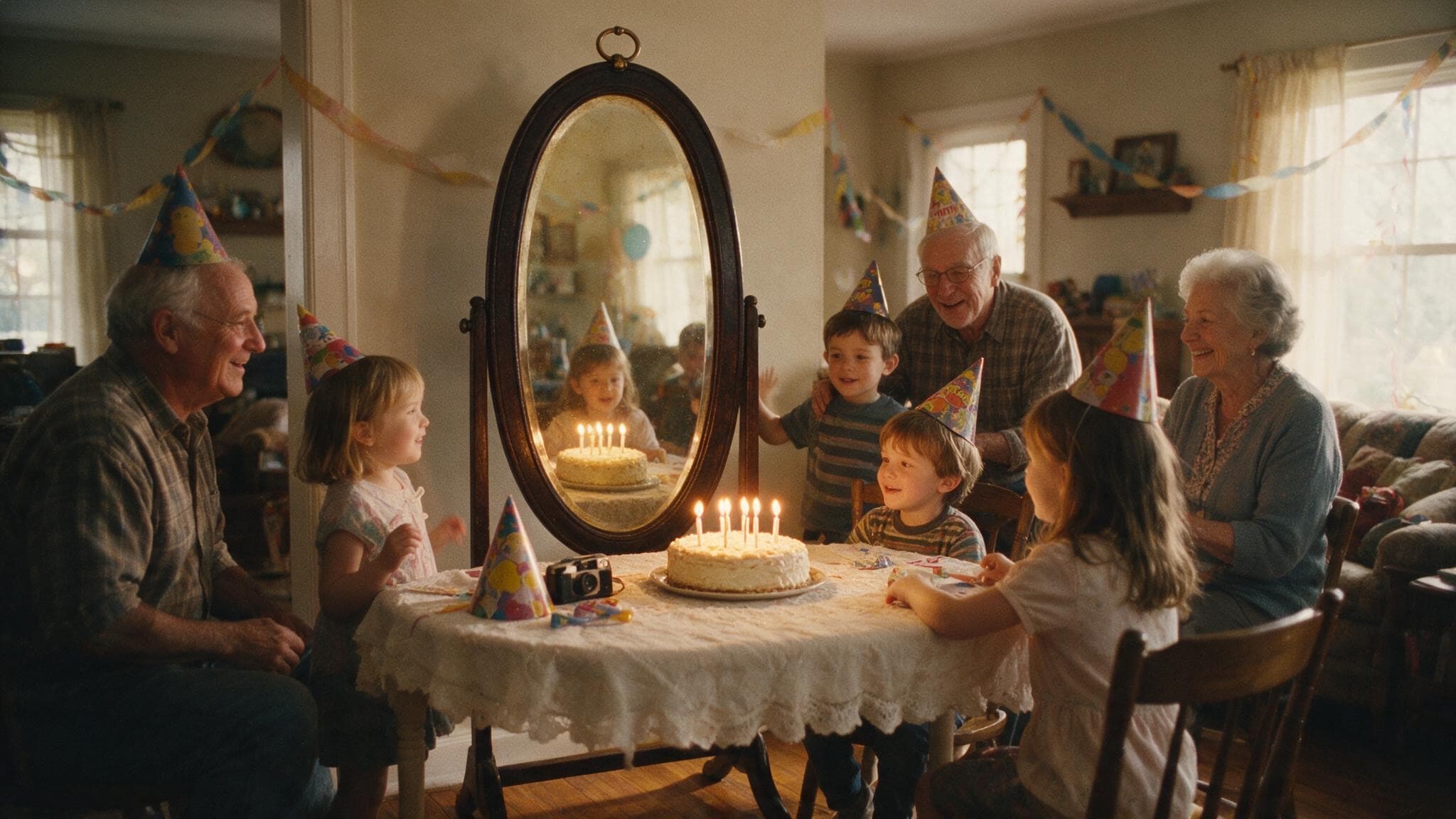 Un anniversaire en famille autour d'un gâteau à bougies ; un vieux miroir psyché reflète la scène, les flammes vacillant en léger décalage.