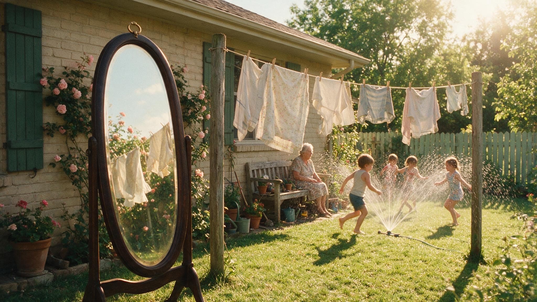 Des enfants jouent sous l'arrosage un jour d'été, le linge au vent ; un vieux miroir psyché posé contre le mur reflète le jardin.