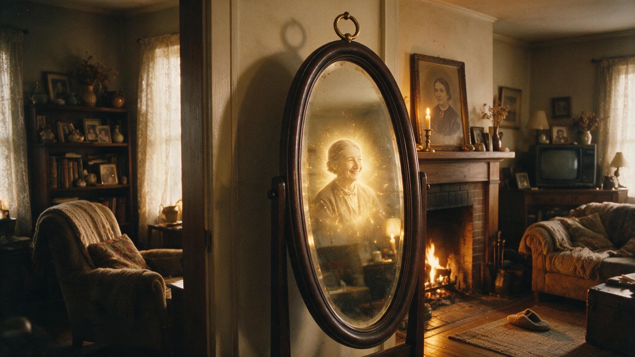 Au coin du feu, le reflet d'un vieux miroir psyché s'anime : un visage ancien s'éveille et sourit, nimbé d'une lueur dorée.
