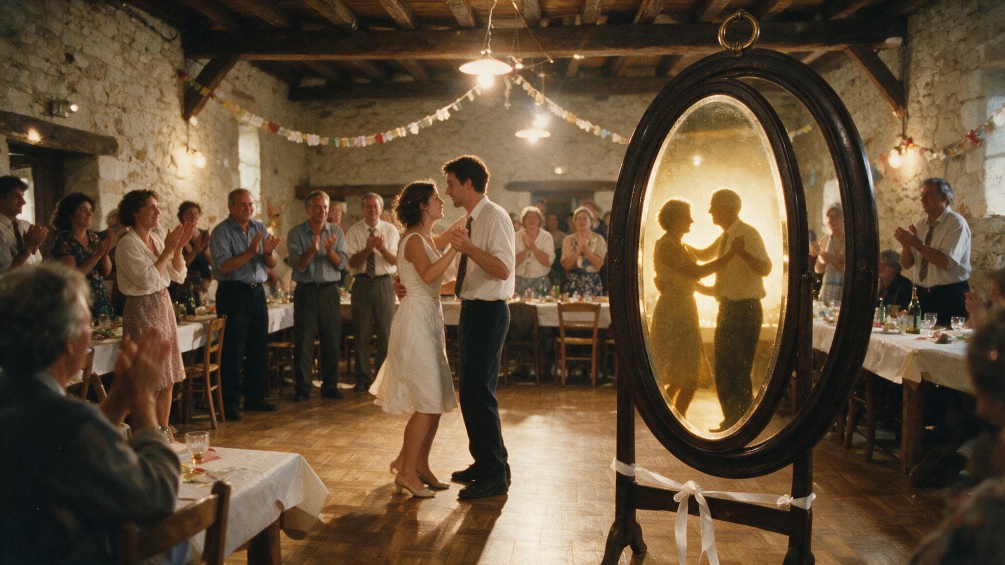 Ouverture du bal d'un mariage ; dans un vieux miroir psyché à côté de la piste, les silhouettes dorées d'un couple âgé dansent le même slow.
