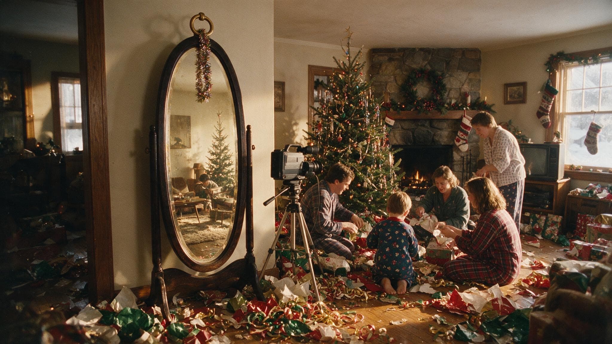 Matin de Noël, une famille déballe les cadeaux ; dans un vieux miroir près du sapin, le même salon un Noël d'il y a trente ans.