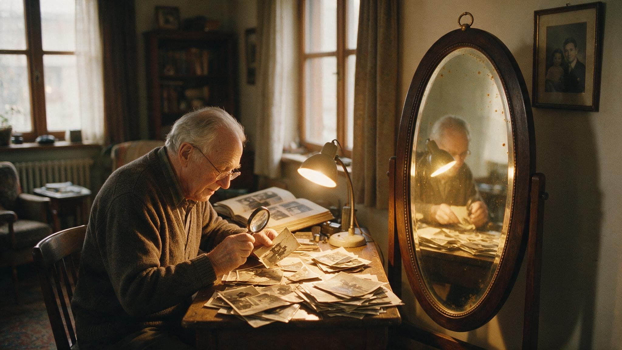 Un homme âgé examine à la loupe de vieilles photos abîmées sous une lampe ; un miroir psyché en reflète les images qui semblent reprendre vie.