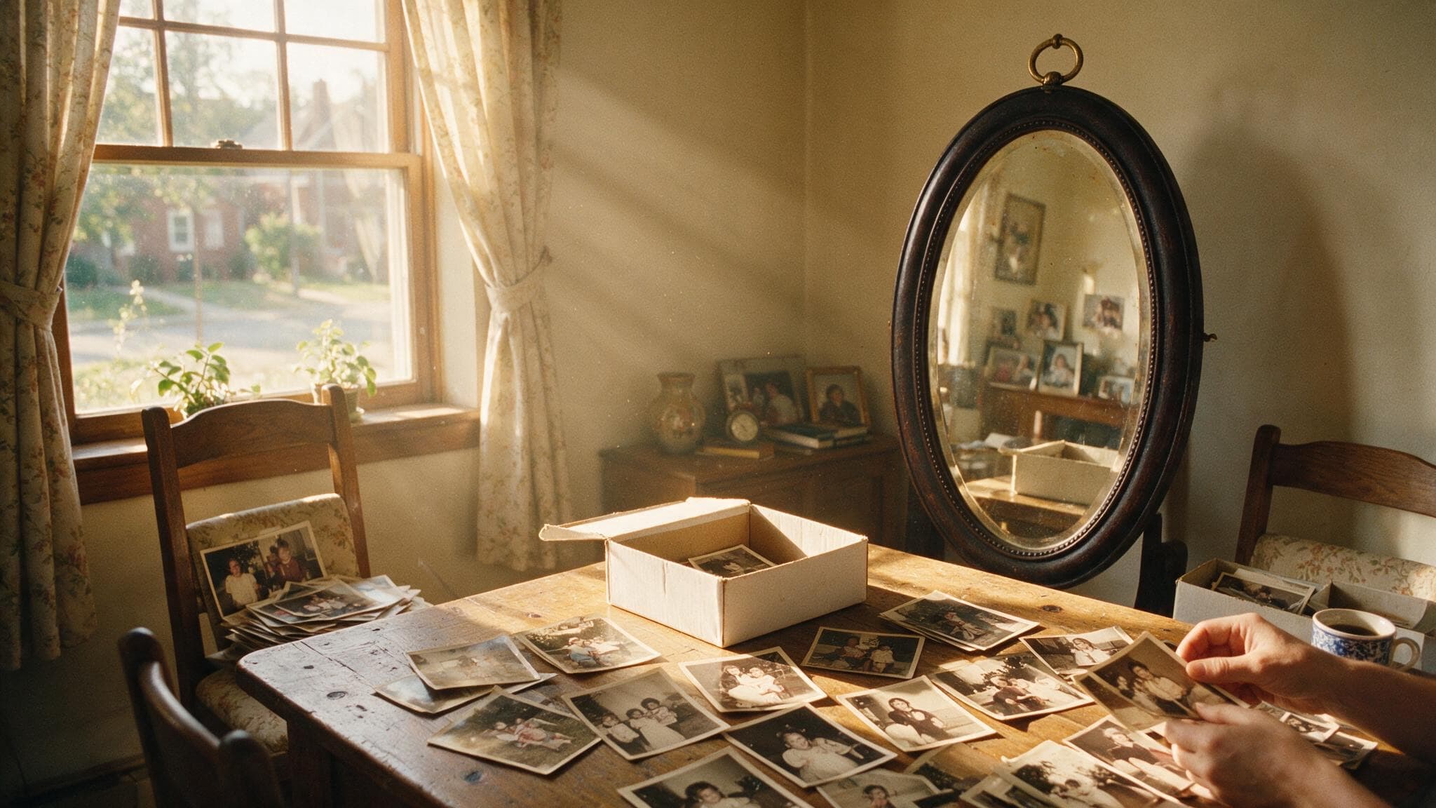 De vieilles photos de famille étalées sur une table près d'une fenêtre, des mains qui les trient ; un vieux miroir psyché les reflète dans la lumière.