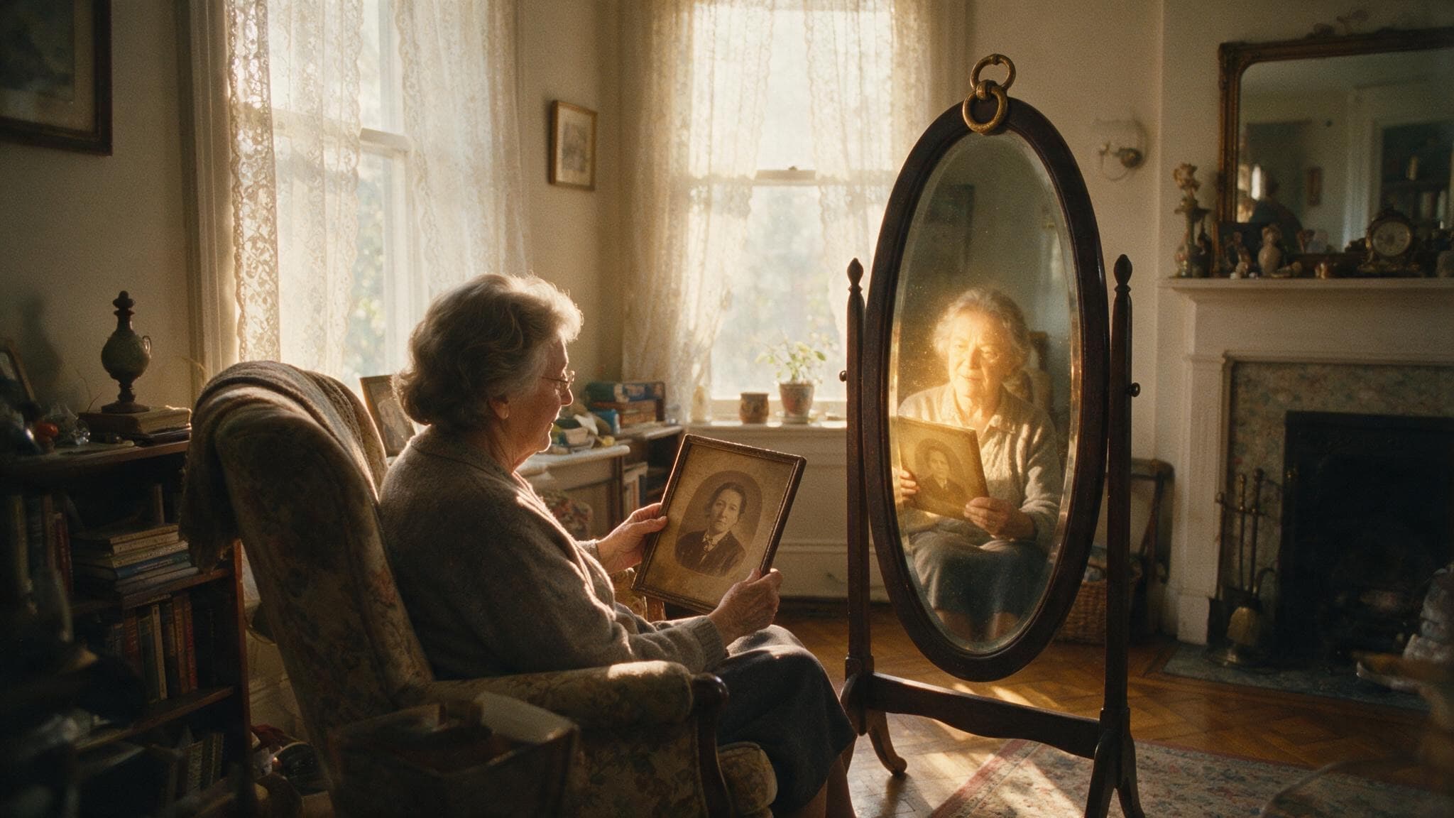 Une femme âgée regarde un vieux portrait encadré ; dans le miroir psyché à côté d'elle, le portrait s'anime doucement, nimbé d'une lueur dorée.