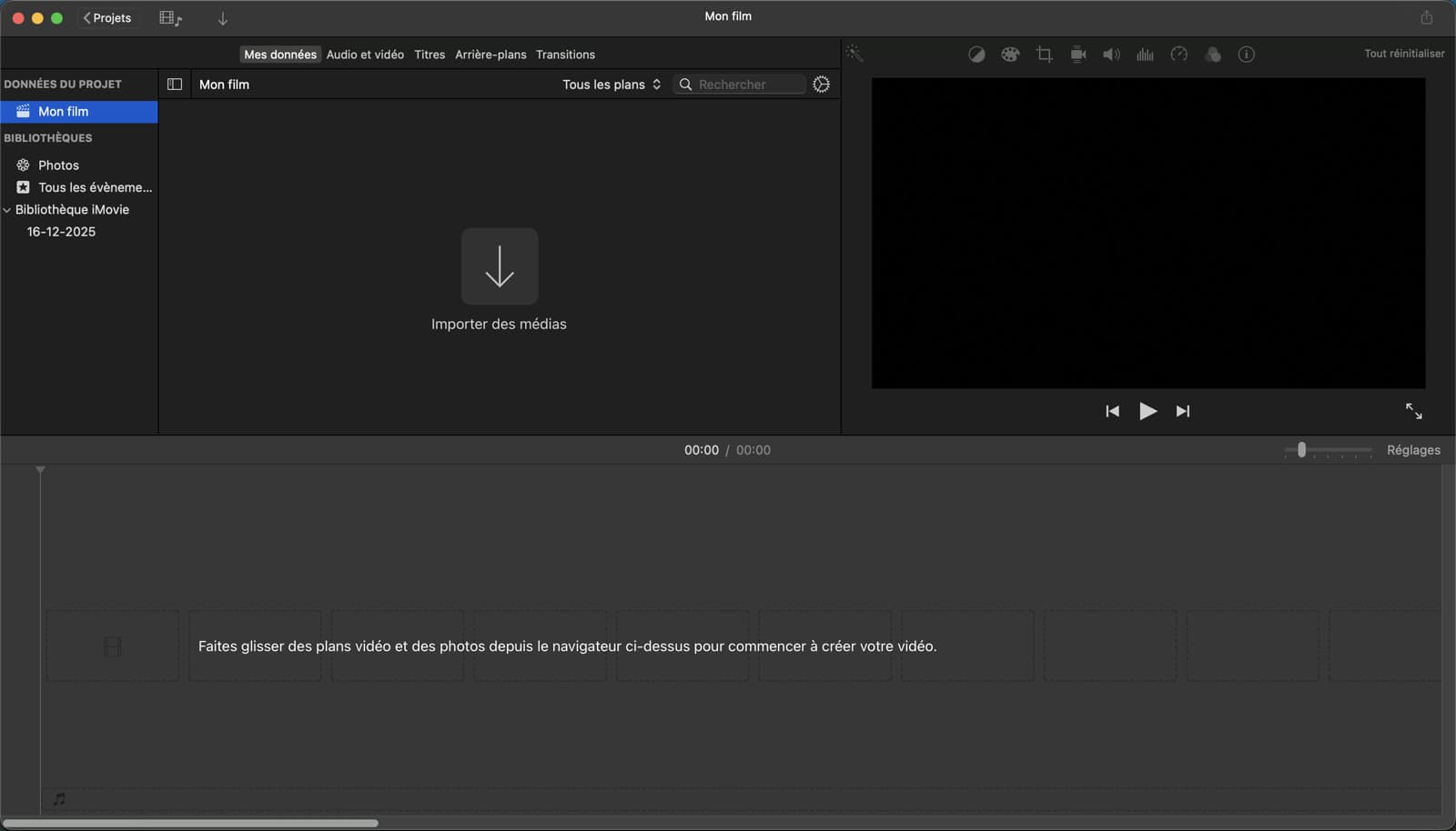 Le projet vide : cliquez sur « Importer des médias » pour ajouter vos animations et votre chanson.