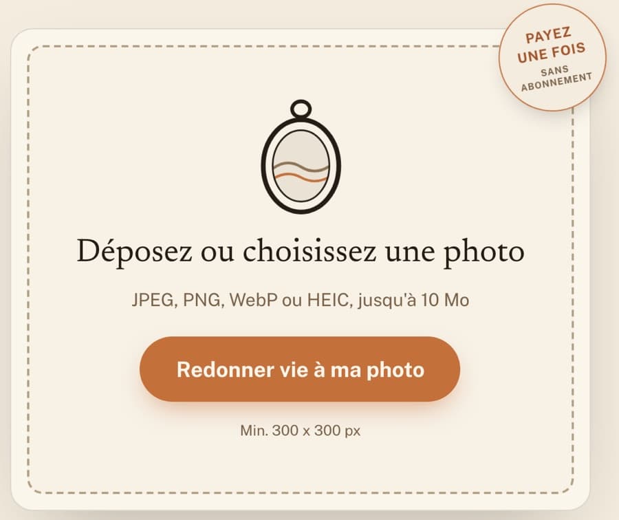 Sur incarn.co, la zone « Déposez ou choisissez une photo » pour envoyer chaque photo.
