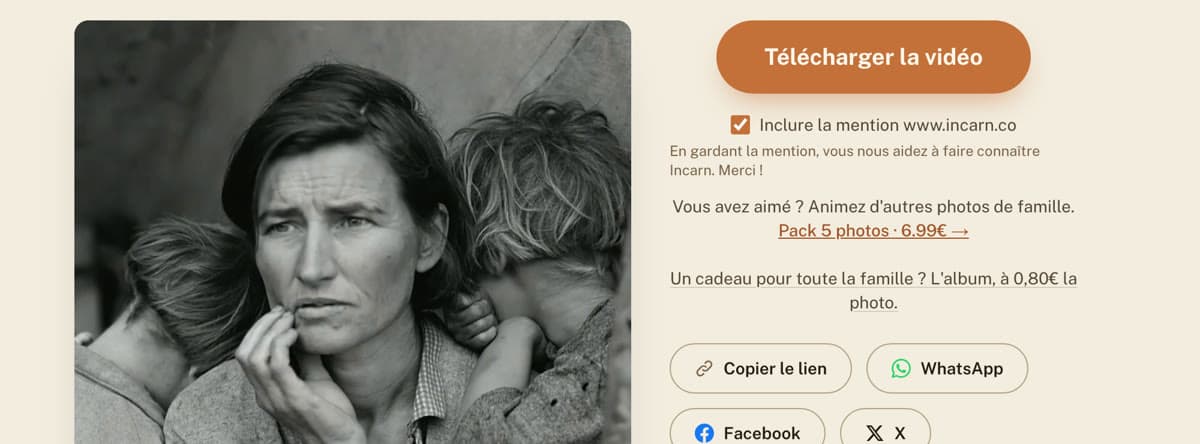 La page d'une animation : le bouton « Télécharger la vidéo », et la case « Inclure la mention www.incarn.co » à décocher pour un film sans mention.