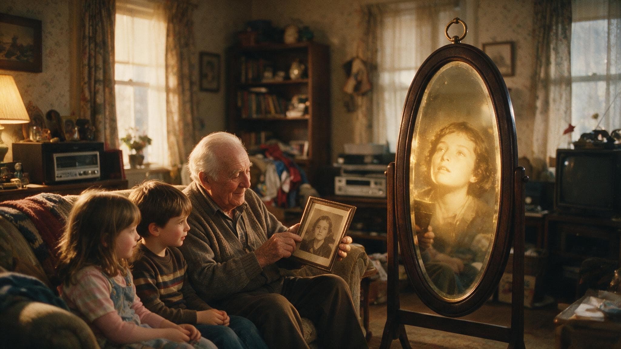 Un grand-père montre un vieux portrait à ses petits-enfants ; dans le miroir psyché à côté, le portrait s'anime, un visage d'enfant s'éveille dans la lumière dorée.
