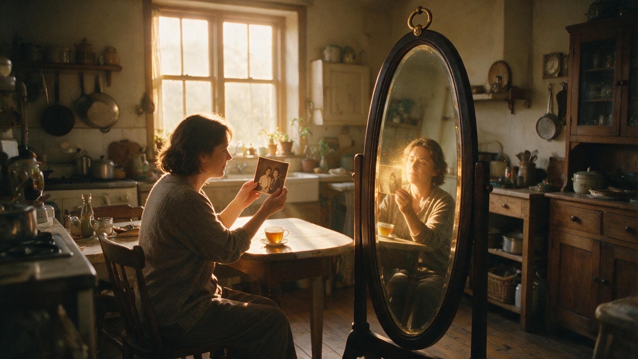 Une femme regarde une vieille photo de famille à la lumière de la fenêtre ; le miroir psyché à côté d'elle en reflète le visage qui s'anime doucement.